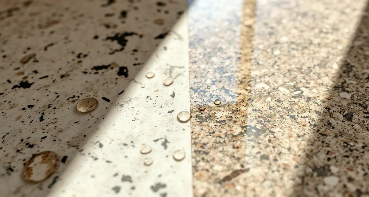 Granite sealing water repellency demonstration Close-up of sealed granite countertop with water beading on surface, showing effective granite sealing protection