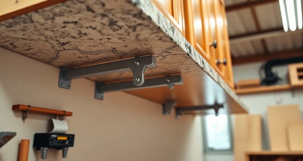 Professional countertop bracket installation example Stainless steel support brackets mounted under granite countertop overhang, showing proper installation technique for stone reinforcement.
