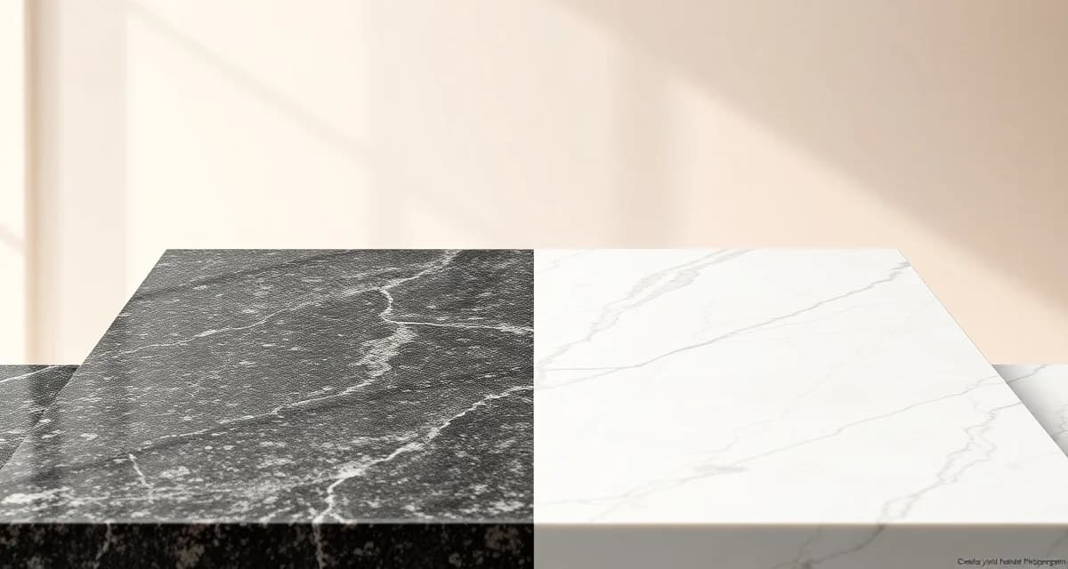 Granite and marble countertop material comparison Side-by-side comparison of granite vs marble countertop samples showing texture and color differences for fabricators