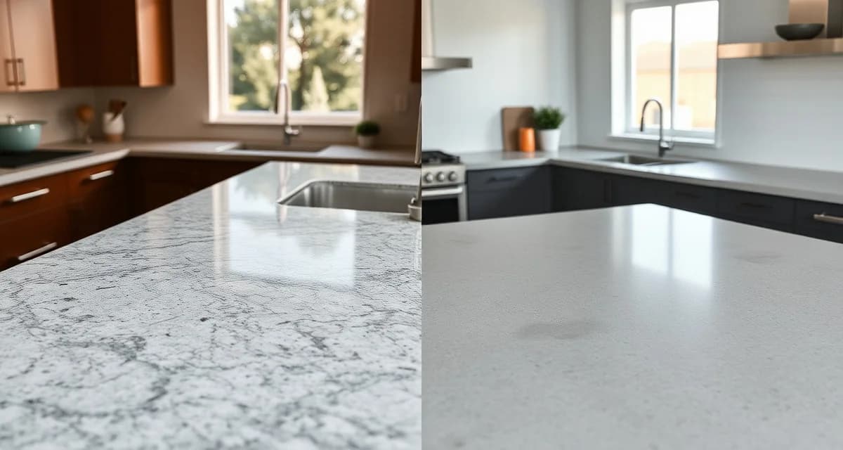 Granite versus concrete countertop materials comparison Side-by-side comparison of granite and concrete countertops showing surface texture and finish differences in modern kitchen design.
