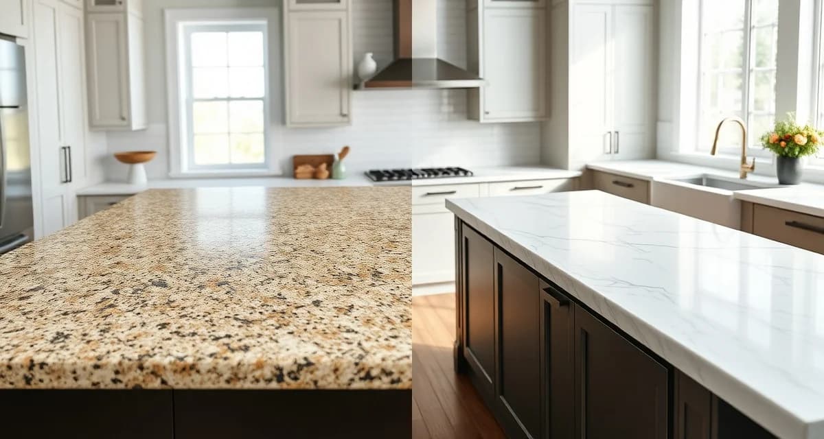 Granite and porcelain slab comparison for countertops Side-by-side comparison of granite and porcelain countertop materials showing natural stone versus engineered surface differences