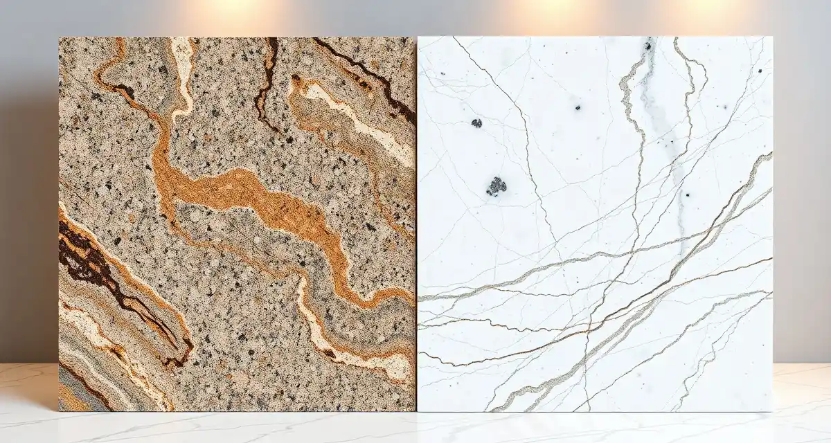 Natural stone countertop materials comparison visual Side-by-side comparison of granite and quartzite countertop samples showing different veining patterns, colors, and surface finishes for kitchen and bathroom applications.