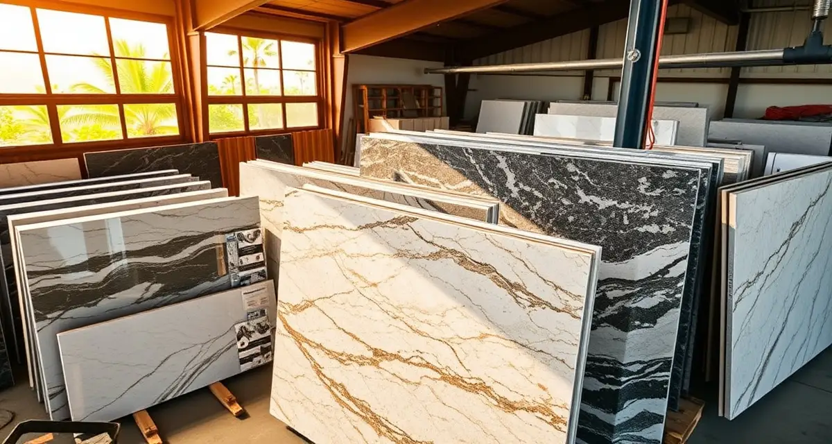 Premium stone slabs in Hawaii fabrication workshop Stone slabs displayed in a Hawaii countertop fabrication shop, showing premium granite and quartz materials used for kitchen and bathroom countertops.