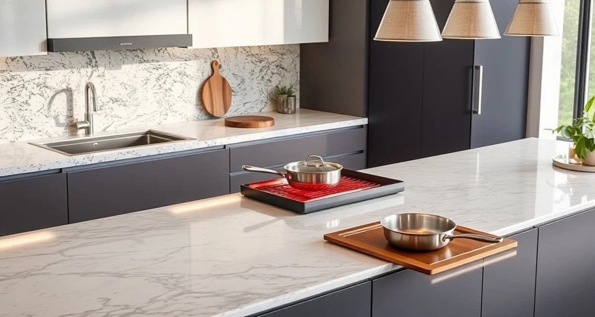 Best heat-resistant countertop materials for kitchens Heat-resistant countertop materials including granite, quartzite, and soapstone with hot cookware demonstrating durability