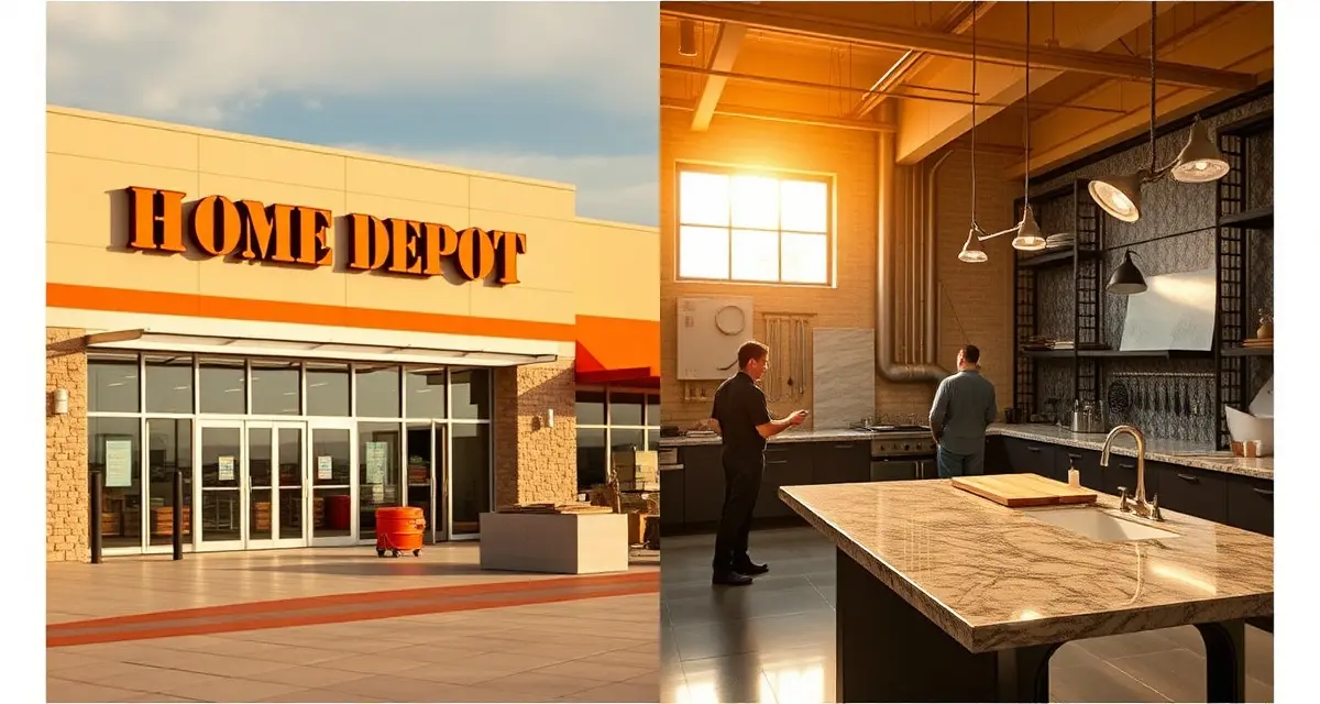 Home Depot vs Local Fabricator Countertop Comparison Comparison of Home Depot countertop services versus local fabricator workshop showing different installation approaches and materials