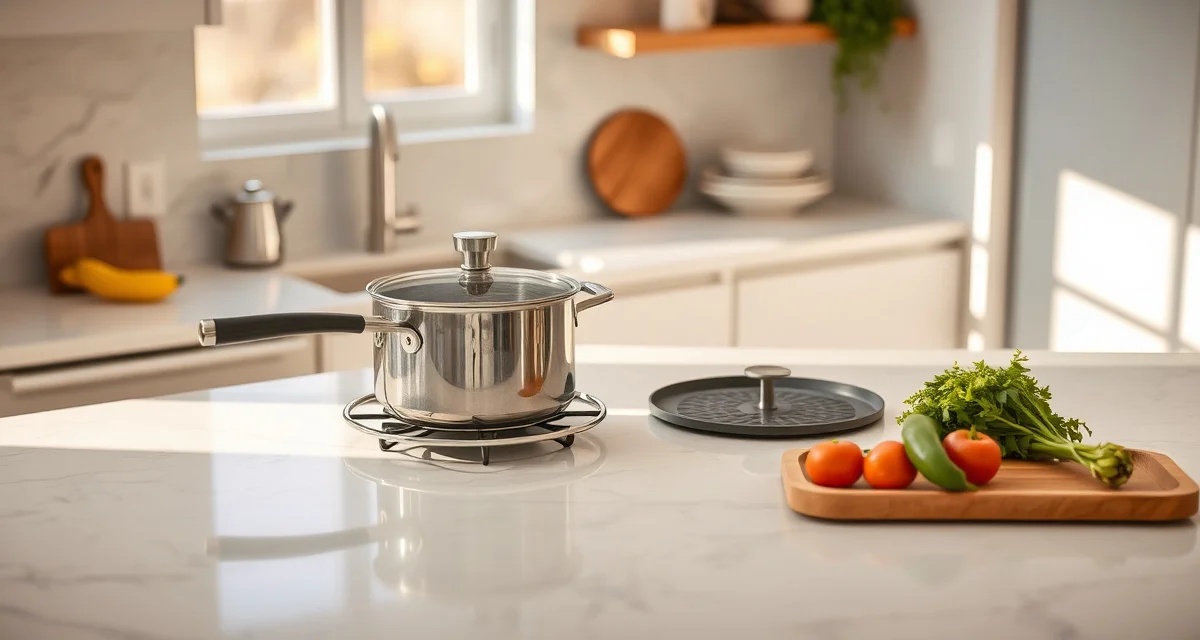 Proper placement of hot cookware on engineered quartz surfaces Hot pot being protected on quartz countertop with trivet to prevent heat damage and discoloration