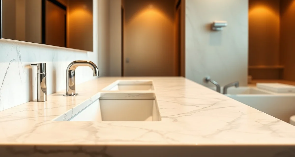 High-end hotel bathroom countertop design example Luxury hotel bathroom vanity featuring durable quartz countertop with elegant veining and premium chrome fixtures