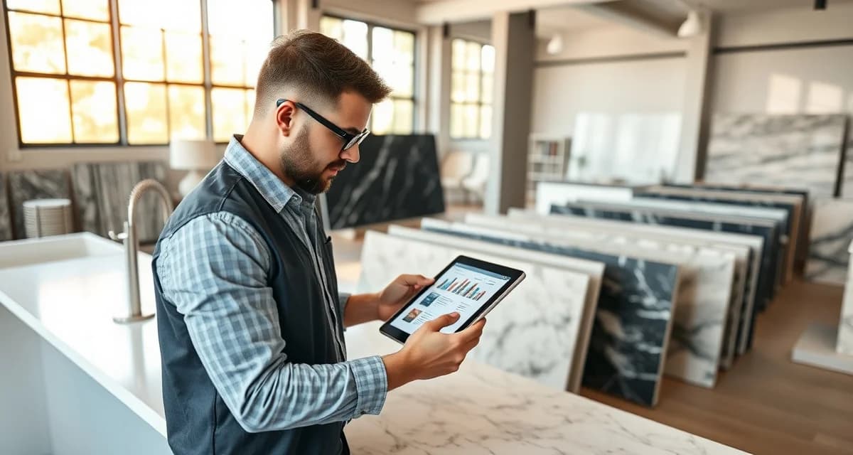 Digital marketing strategy for stone fabrication businesses Countertop fabricator using Houzz on tablet to generate leads in stone showroom with granite and quartz displays
