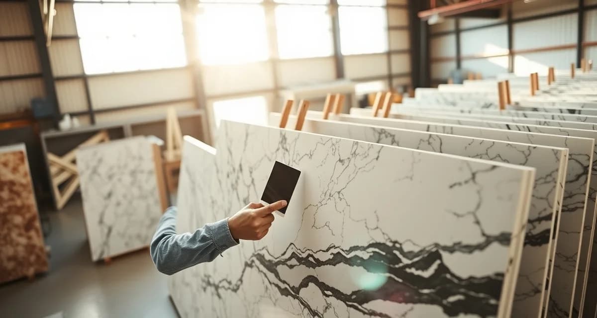 Slab selection process at stone fabrication yard Customer inspecting countertop slab at stone yard with cabinet sample for color matching and quality evaluation