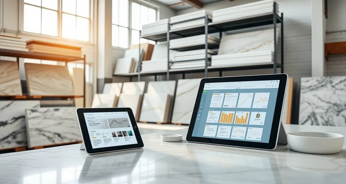 Stone fabrication software comparison workspace Countertop fabrication shop using inventory management software to organize and track stone slabs efficiently