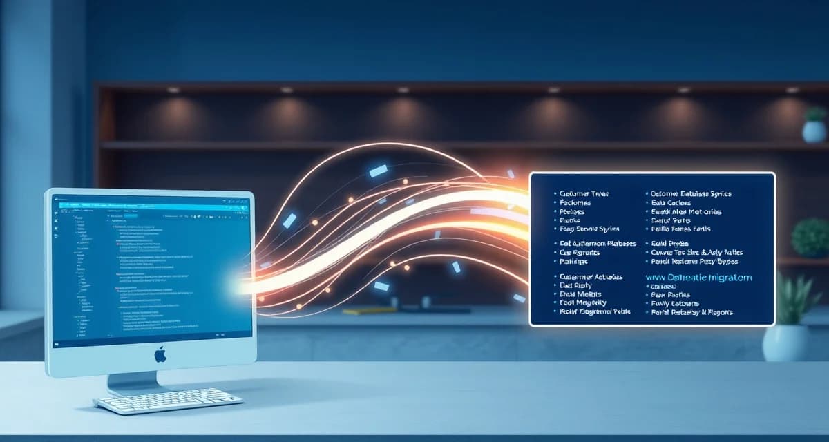 Software migration workflow visualization Data migration process from iCounterSoft to SlabWise showing customer database and job records transfer for countertop shops