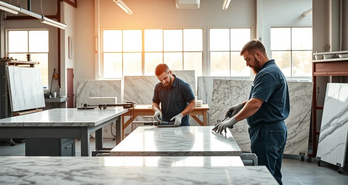 Modern countertop fabrication workshop operations Idaho countertop fabrication shop with workers cutting and polishing stone slabs for kitchen installations during production.