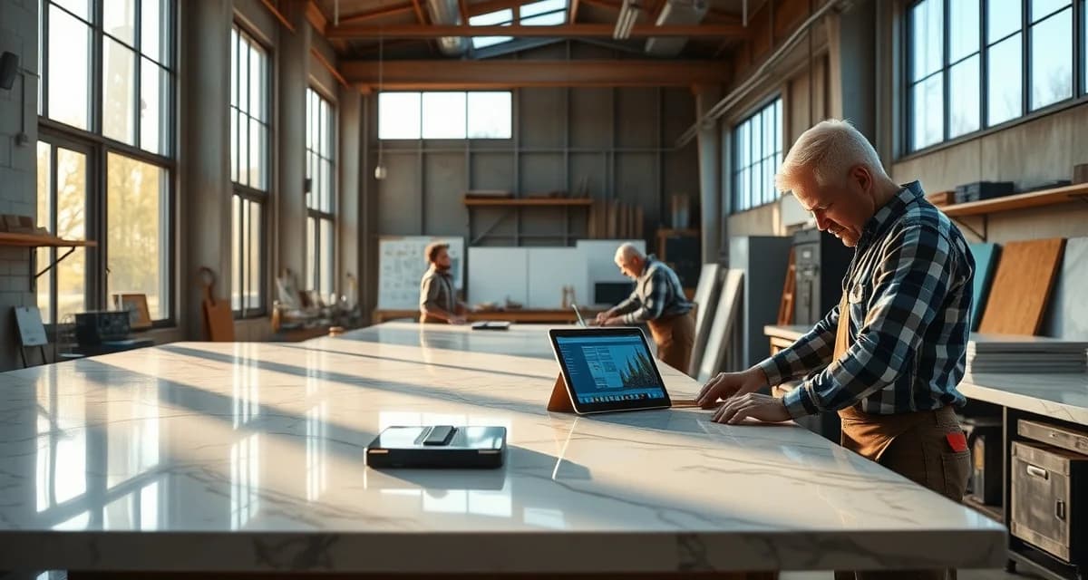 Illinois countertop shop management solution Modern countertop fabrication shop in Illinois using digital management software to organize stone slab projects and customer orders