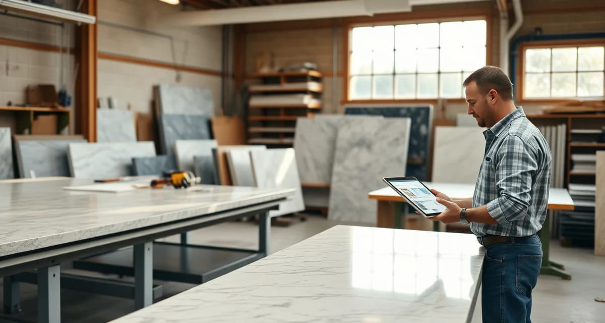 Countertop shop management solution for Indiana fabricators Indiana countertop fabrication shop using SlabWise management software to streamline production and reduce material costs.