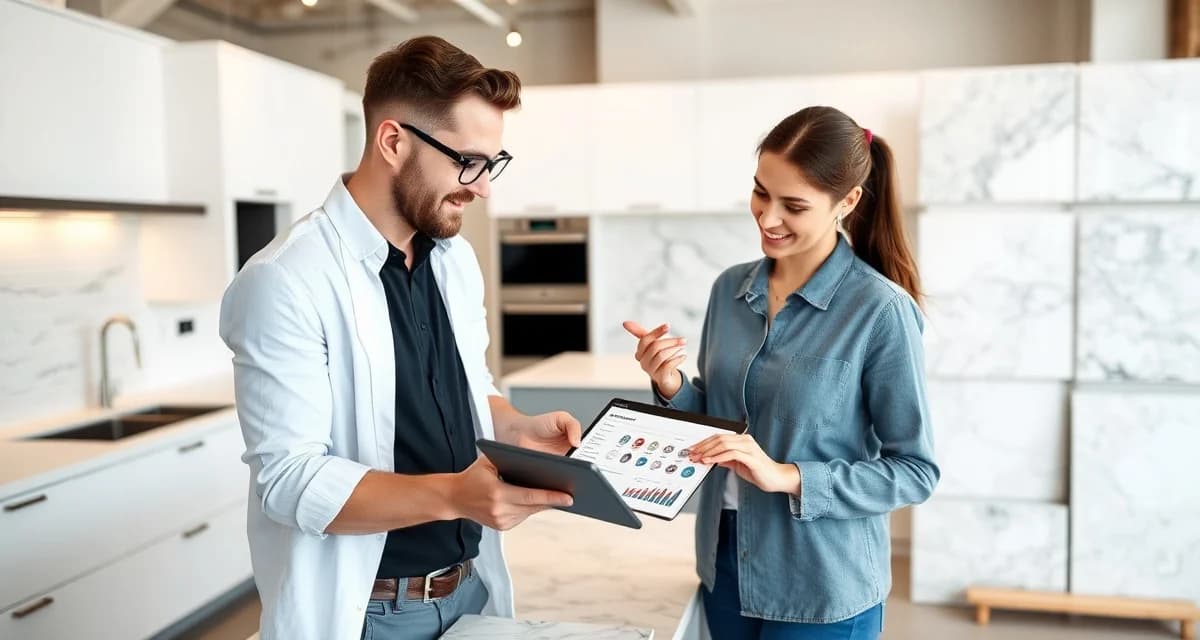 Design workflow software for countertop selection and tracking Interior designer managing countertop fabrication project with SlabWise software on tablet device in stone showroom