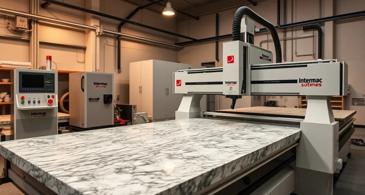 Advanced stone processing technology Intermac CNC bridge saw cutting granite countertop slab in professional fabrication shop with precision machinery