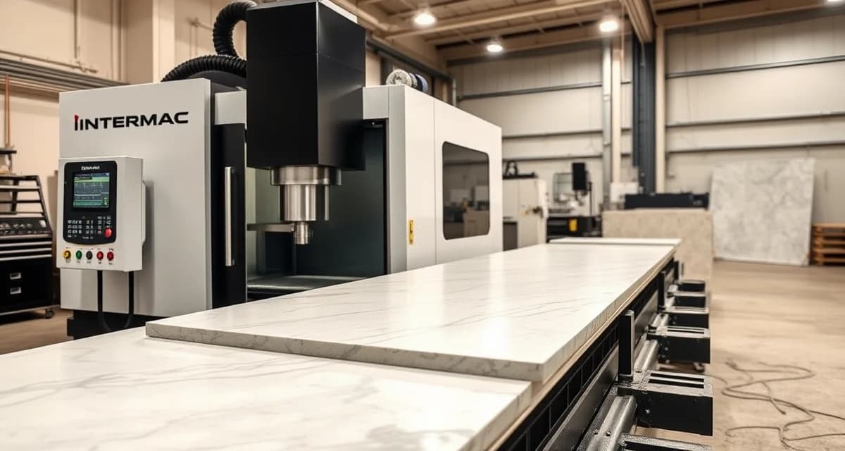 Advanced CNC Stone Fabrication Technology Intermac Master CNC machining center cutting and polishing a stone countertop slab in a professional fabrication shop