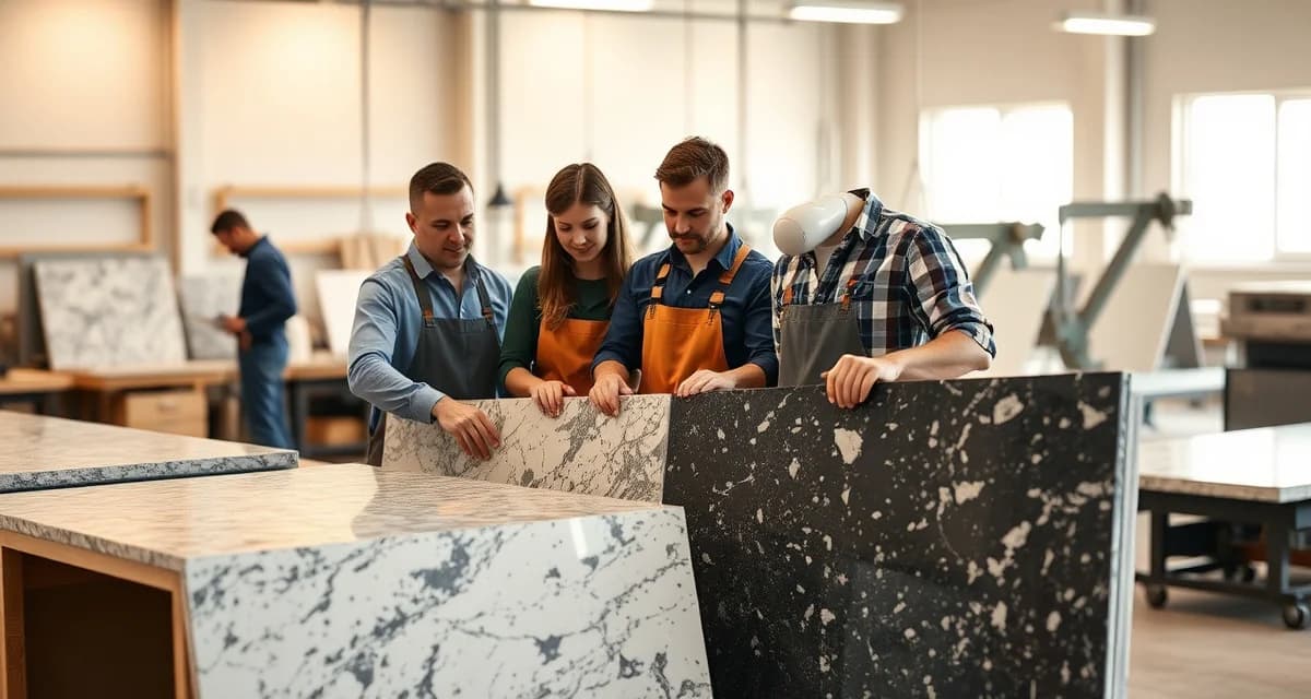 ISFA industry standards and stone fabrication certification International Surface Fabricators Association members reviewing stone countertop materials in professional fabrication workshop