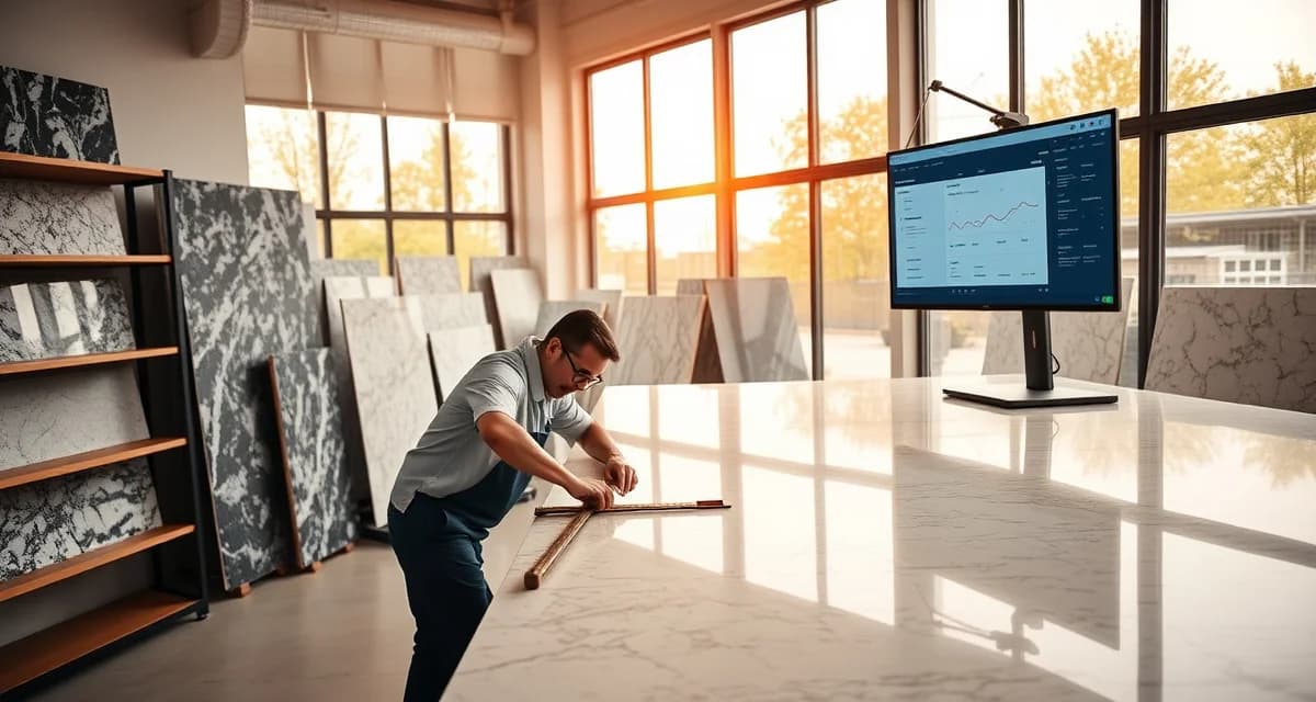 Countertop software streamlines Jacksonville fabrication shop operations Modern countertop fabrication shop in Jacksonville using specialized software for quoting and job management with organized stone samples.