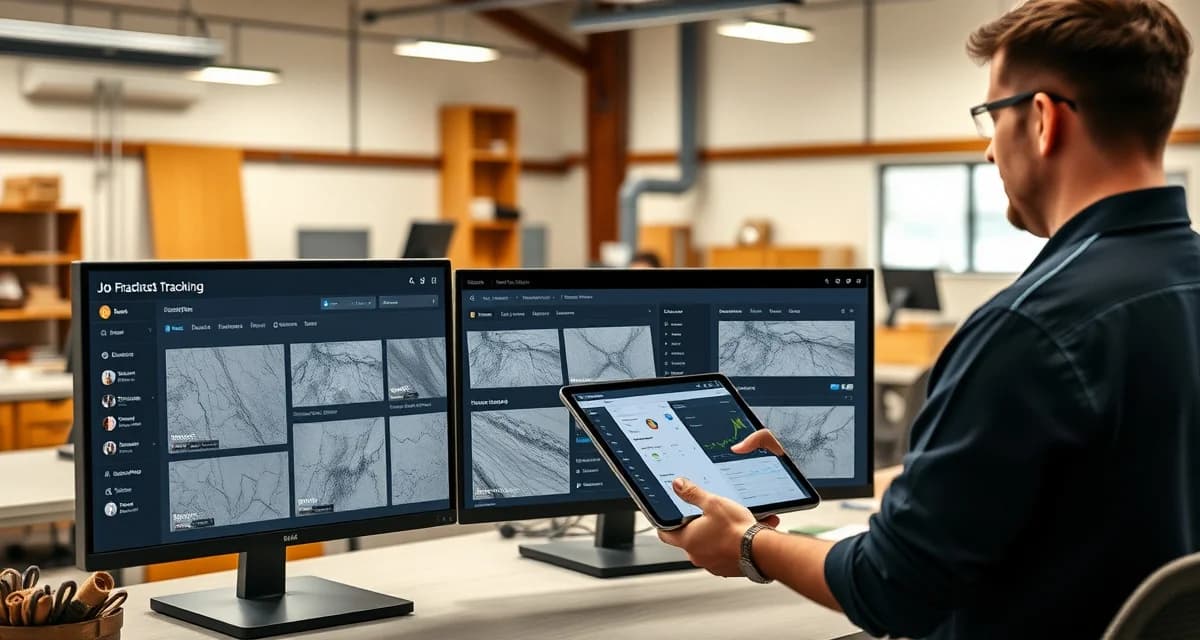 Real-time job tracking dashboard for fabrication project management Job tracking software dashboard displaying real-time project management for stone countertop fabrication shops with multiple active jobs and status updates.