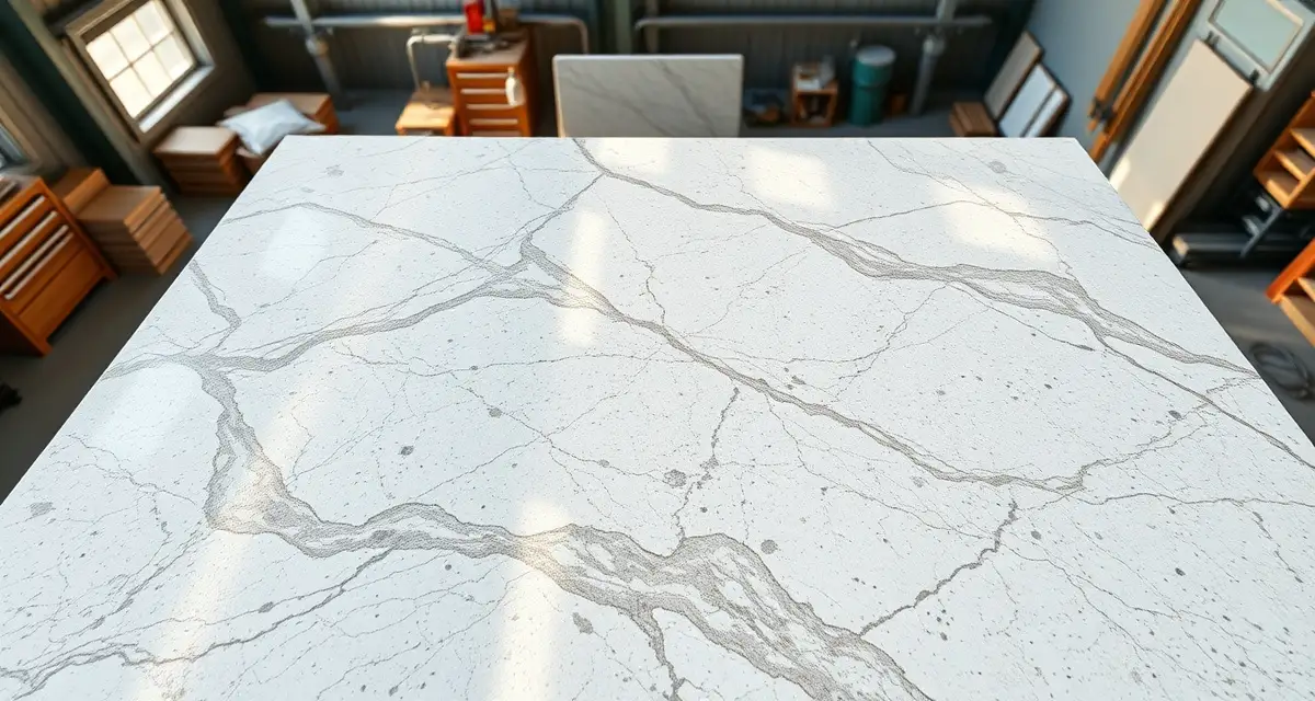 Countertop fabrication materials and workshop setup Premium granite and quartz countertop slabs in a Kentucky fabrication shop showcasing finished stone materials and craftsmanship