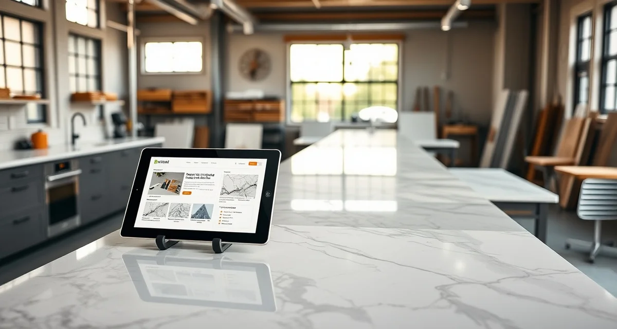 Countertop project management for kitchen and bath dealers Kitchen and bath dealer managing countertop projects with SlabWise software on tablet while viewing stone slab samples