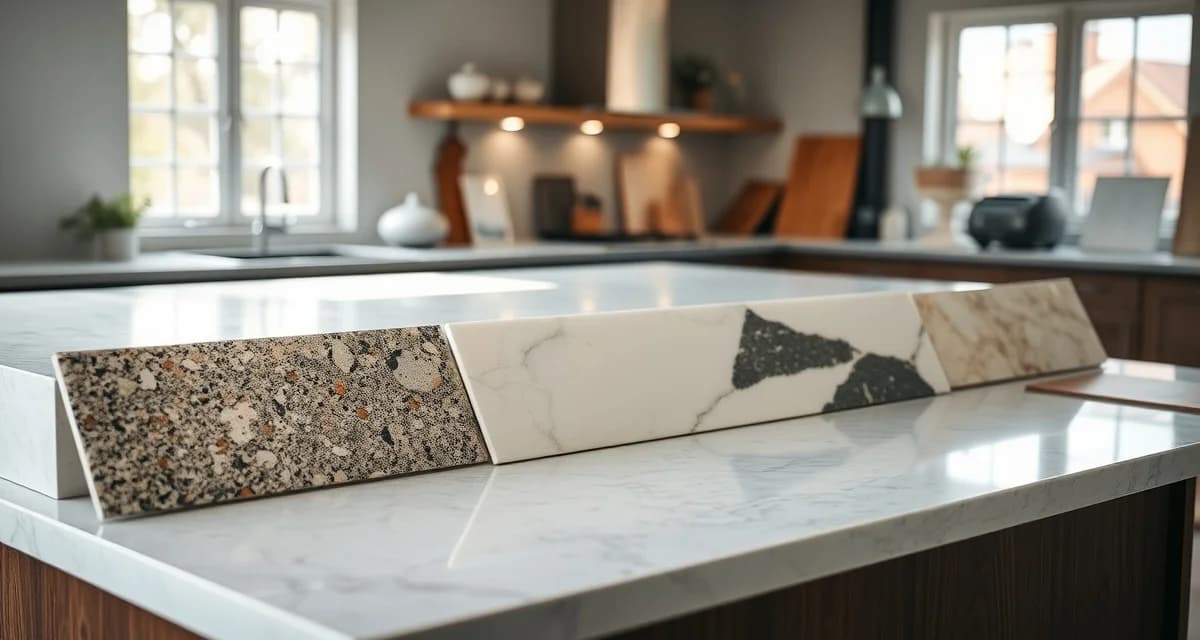 Stone countertop materials comparison for kitchen renovation Kitchen countertop material samples displaying granite, quartz, and marble slab options for renovation planning and selection