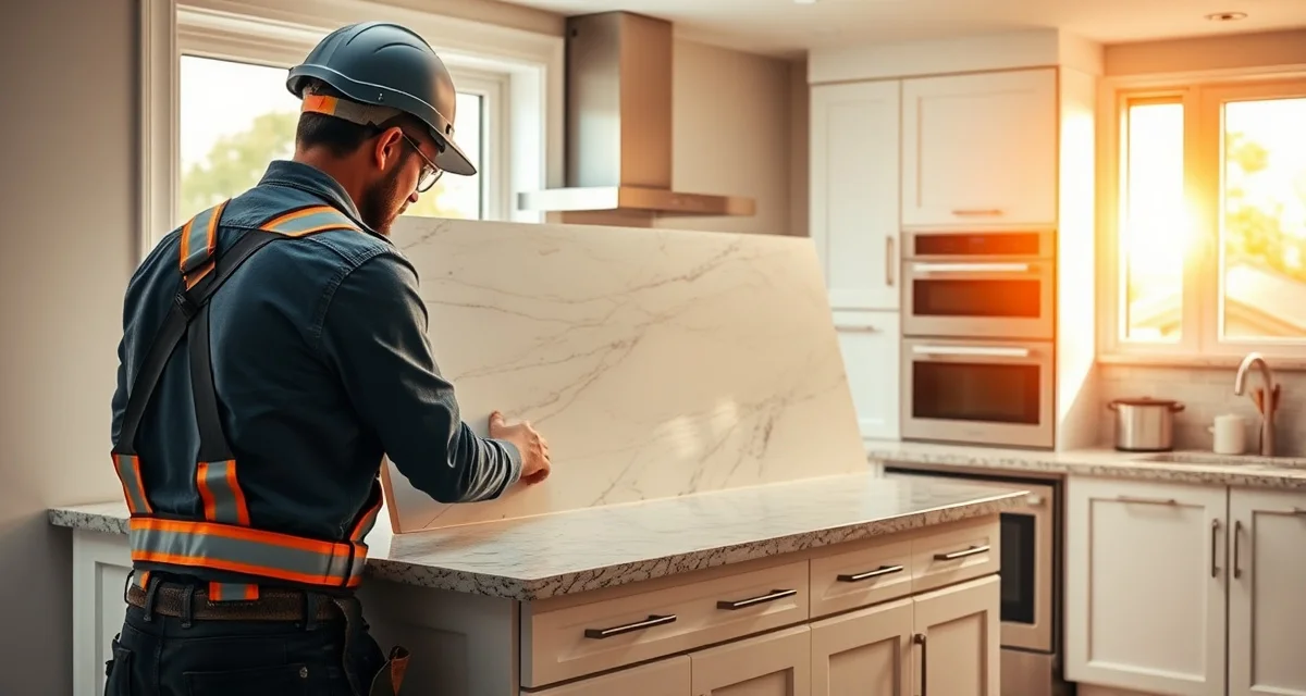 Countertop fabrication and installation phase Professional kitchen countertop installation showing granite slab being fitted onto cabinetry during renovation project