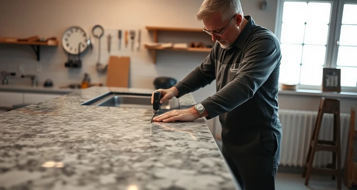 Professional countertop measurement for accurate square footage estimates Kitchen countertop square footage calculator showing precise measurement of granite slab dimensions for fabrication pricing