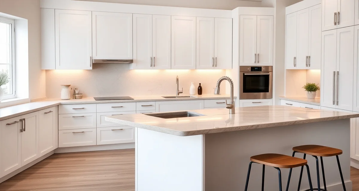 Peninsula countertop kitchen design example Modern kitchen peninsula countertop attached to cabinetry with open end, showcasing stone fabrication design for kitchen layouts