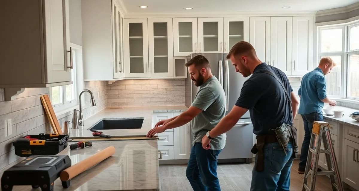 SlabWise countertop coordination for kitchen remodels Professional kitchen remodeling project showing coordinated countertop fabrication and installation alongside plumbing and electrical work