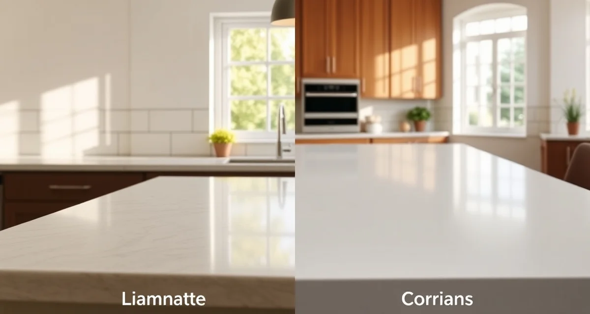 Laminate and solid surface countertop materials comparison Side-by-side comparison of laminate vs solid surface countertops showing texture and finish differences for kitchen countertop selection