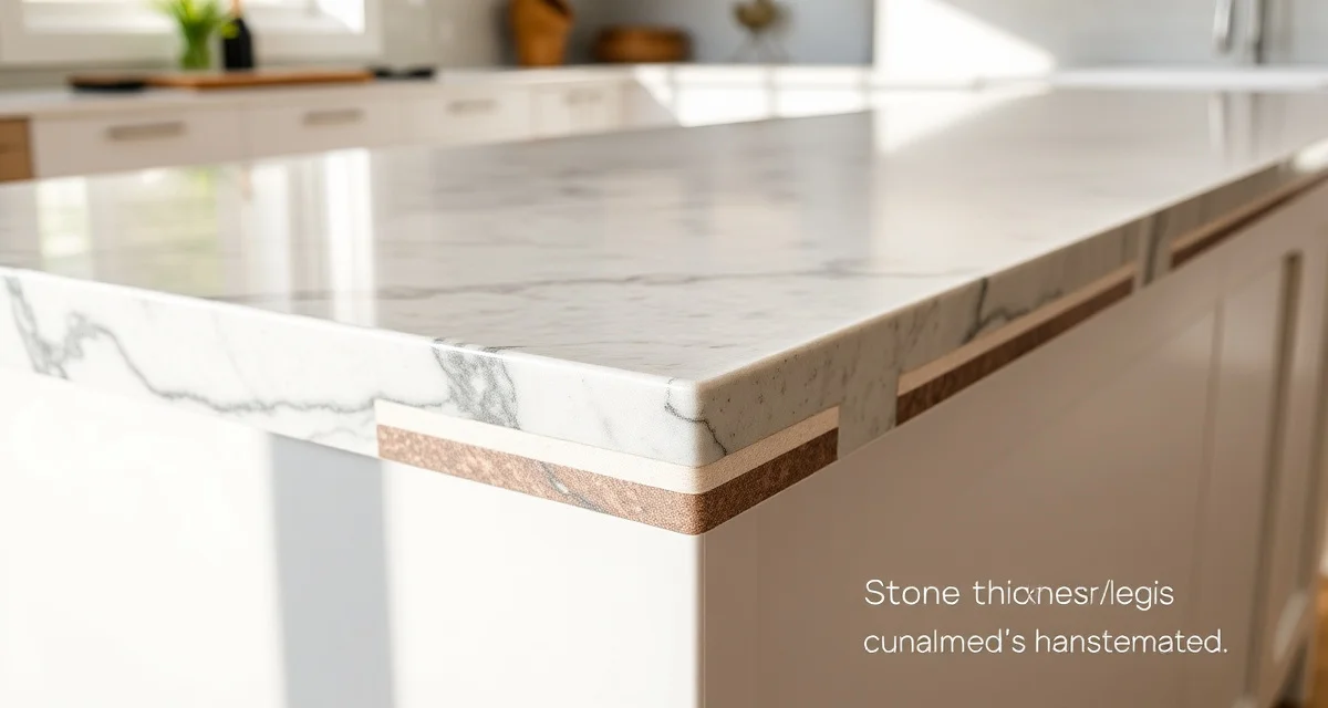 Stone laminated edge fabrication detail Close-up view of a laminated stone countertop edge showing bonded stone strips creating enhanced apparent thickness for countertop fabrication.