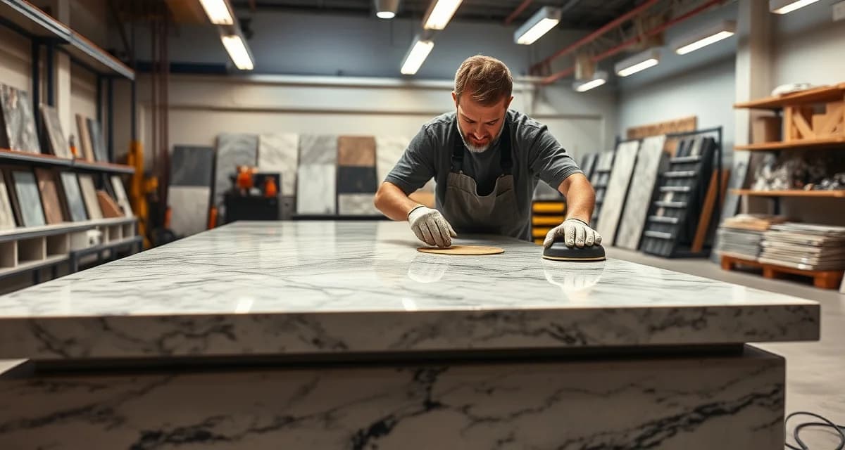 Expert countertop fabrication and installation in Las Vegas Professional countertop fabricators in Las Vegas workshop polishing and finishing premium stone slabs for kitchen and bathroom installation.