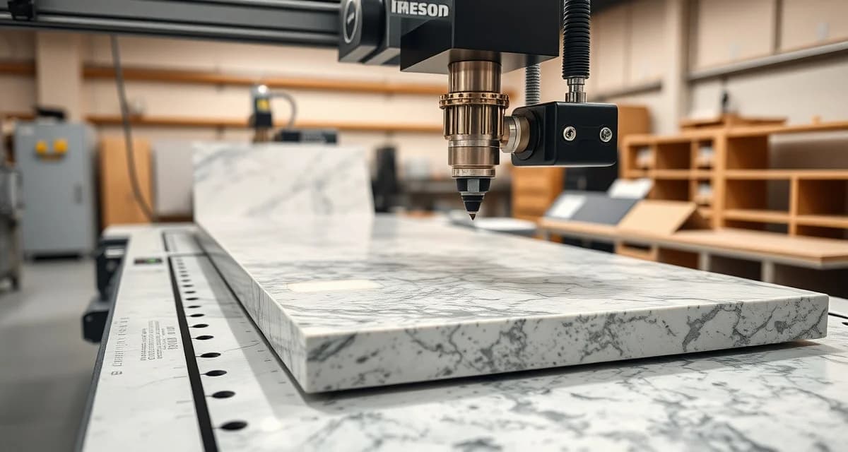Digital laser templating system for countertop fabrication Professional laser templating equipment scanning a granite countertop slab in a fabrication shop, showing digital measurement technology for countertop fabrication