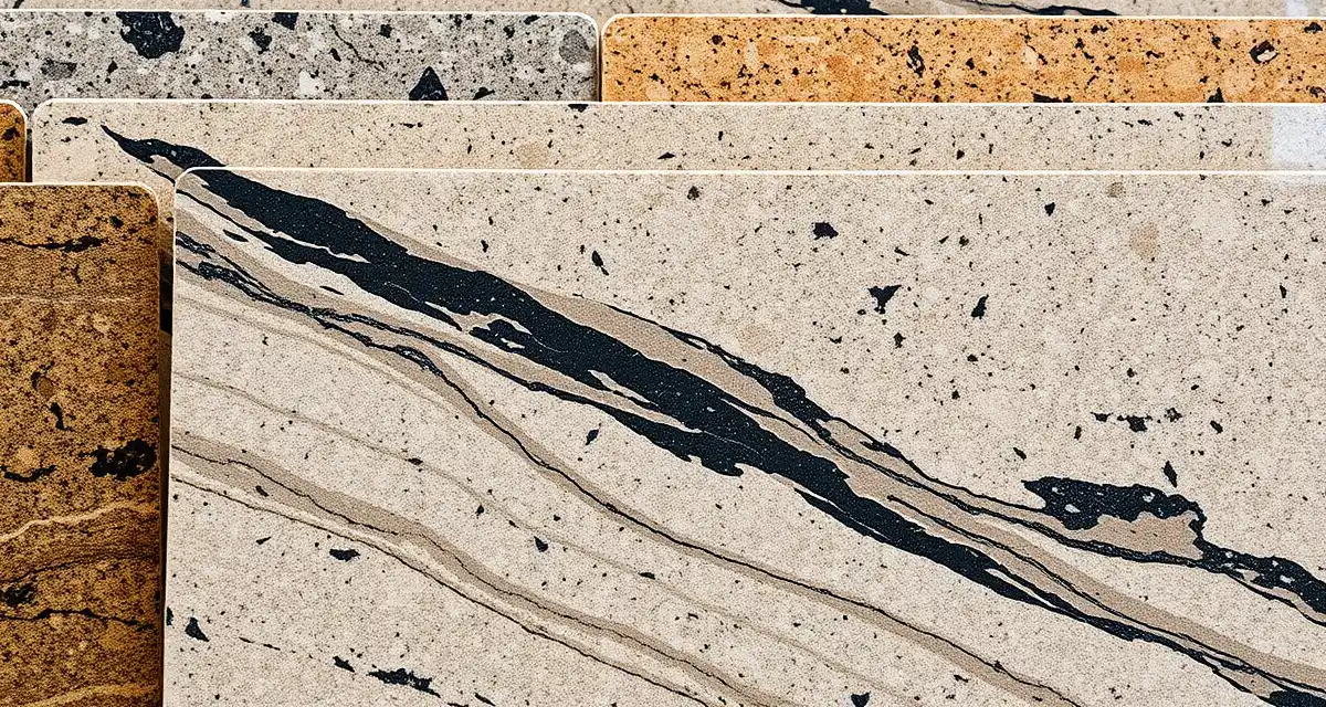 Level 2 granite slab pricing and variety Multiple polished level 2 granite slabs displaying varied color patterns and natural veining in a stone fabrication showroom.