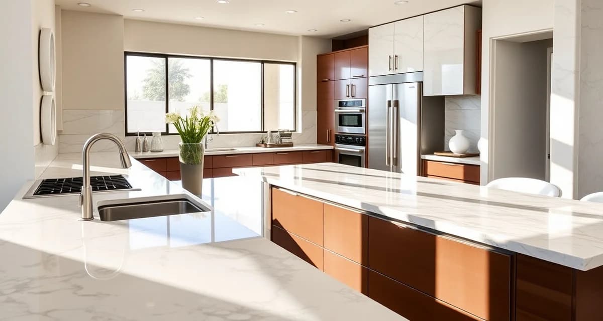 Premium LA countertop installation example Modern kitchen with premium granite countertops installed in Los Angeles, representing typical 2026 countertop costs and pricing.
