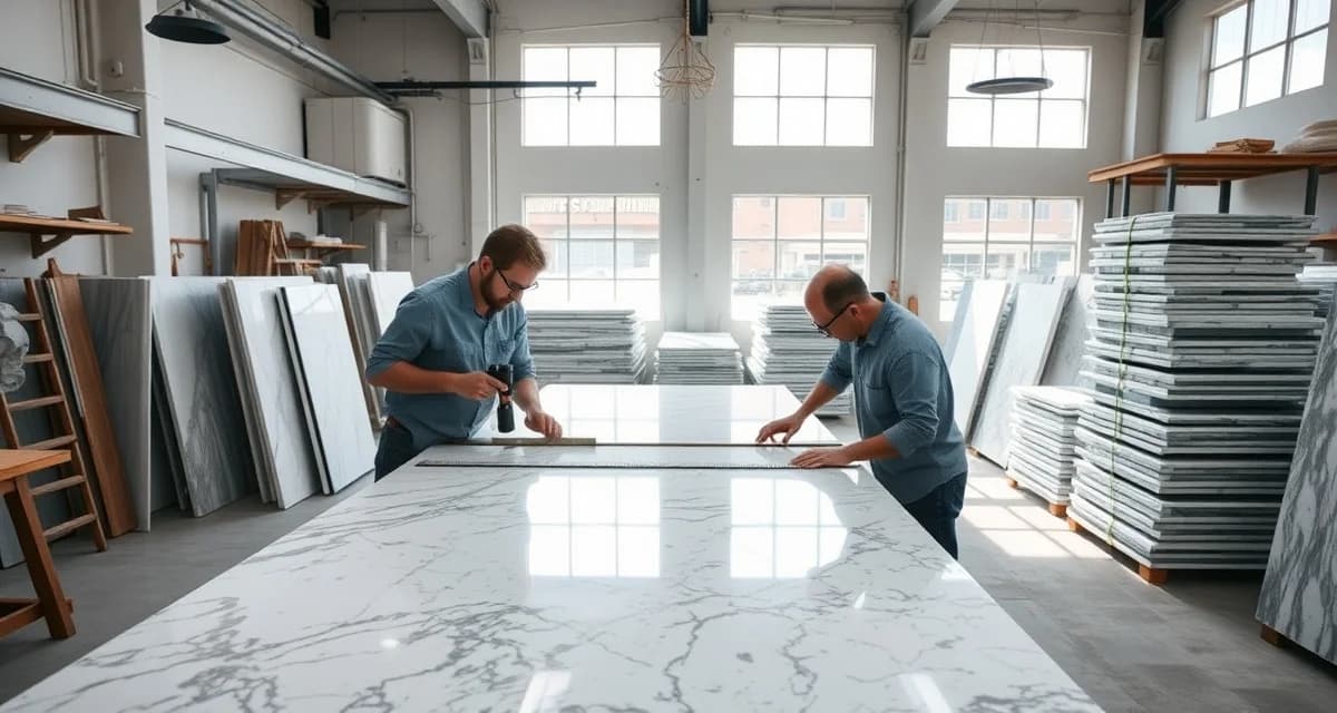 Stone countertop fabrication workflow Professional countertop fabrication shop in Louisiana showing stone measurement and cutting process with skilled workers and premium granite slabs.