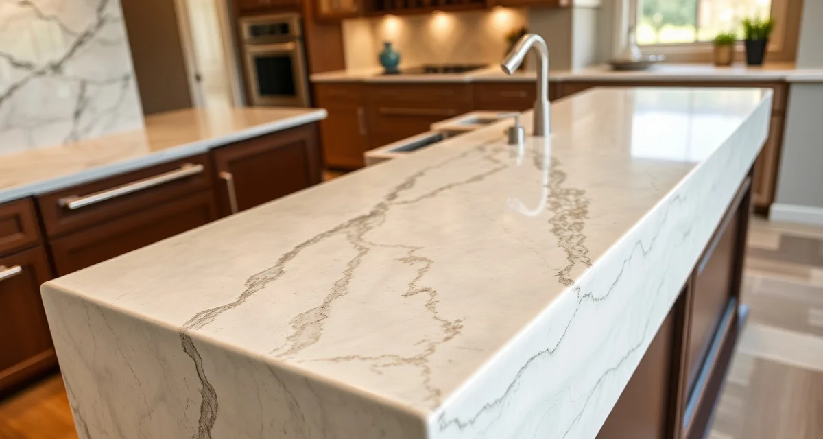 High-end kitchen countertop design with book-matched stone Luxury kitchen countertop with book-matched natural stone slabs and seamless waterfall island edge, showcasing premium fabrication and design details