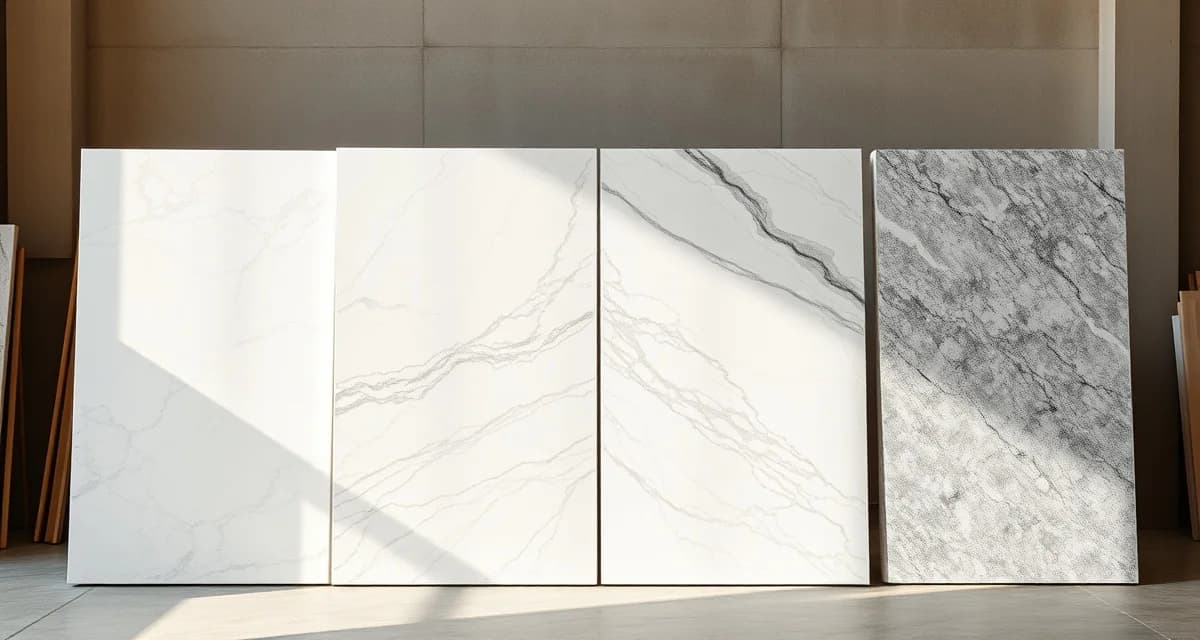 Marble varieties guide for countertop selection Close-up comparison of four popular marble types for countertops showing distinct veining patterns and color variations.