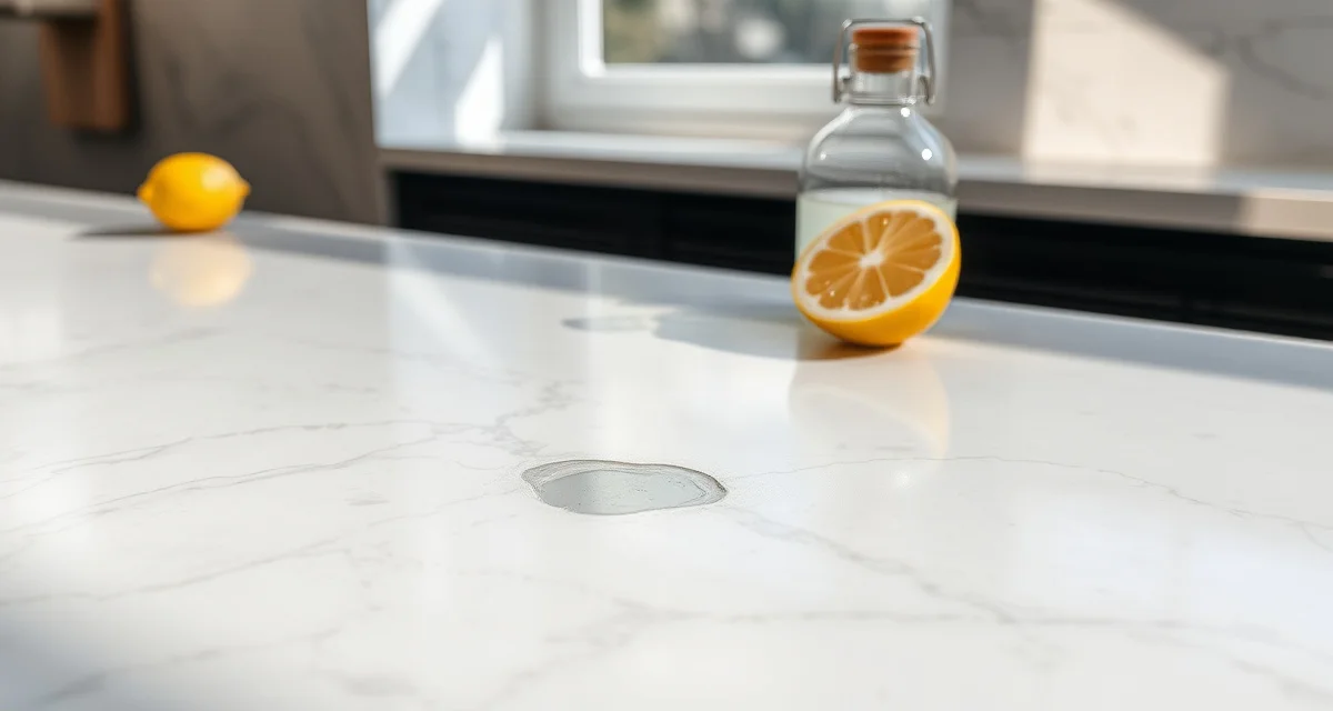 How Acidic Foods Etch Marble Countertops Polished marble countertop displaying etching damage caused by acidic substances like lemon juice and vinegar on the stone surface.