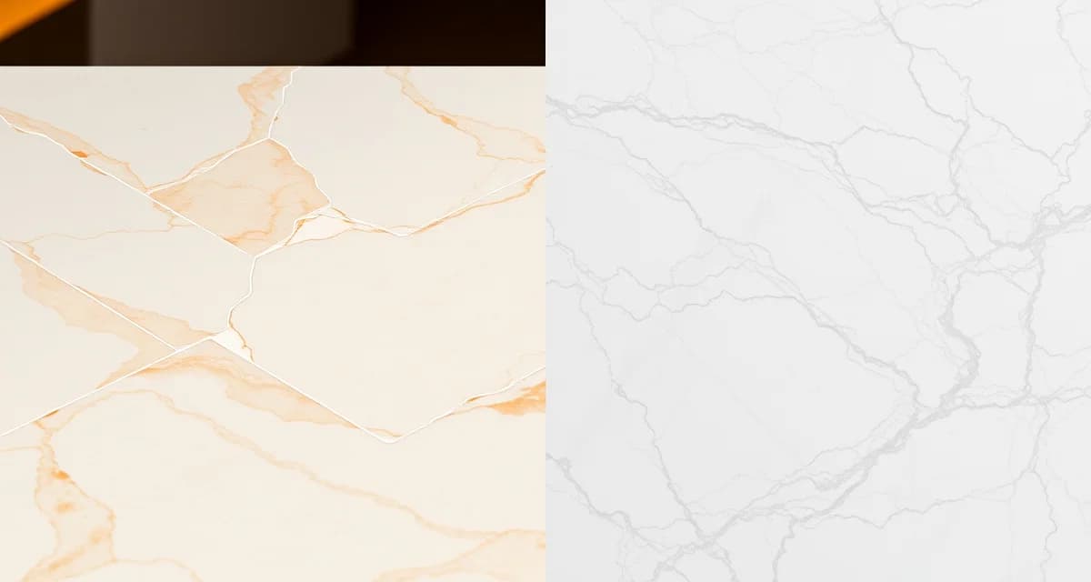 Premium countertop materials comparison Side-by-side comparison of marble versus Dekton countertop materials showing natural veining versus engineered patterns.