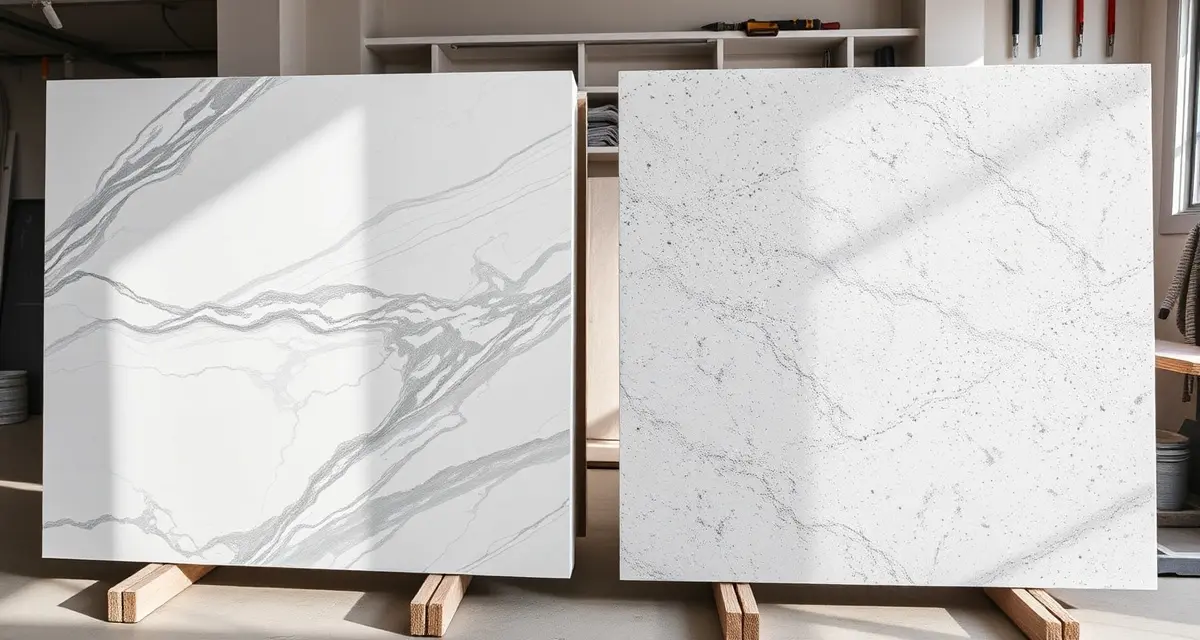 Stone countertop material comparison guide Marble and quartzite countertop samples compared side-by-side showing veining patterns and durability differences for fabricators.