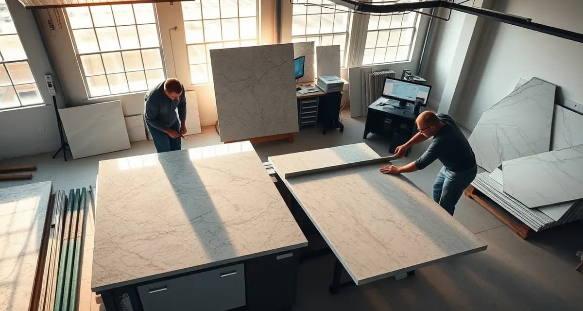 SlabWise countertop shop management platform for Maryland fabricators Modern countertop fabrication shop in Maryland with workers using precision stone cutting tools and management software for shop operations