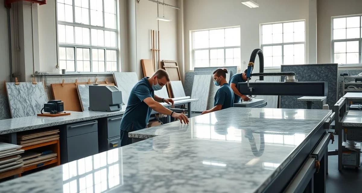 Premium stone fabrication workshop efficiency Modern countertop fabrication shop with precision stone cutting equipment and organized material inventory for Massachusetts fabricators