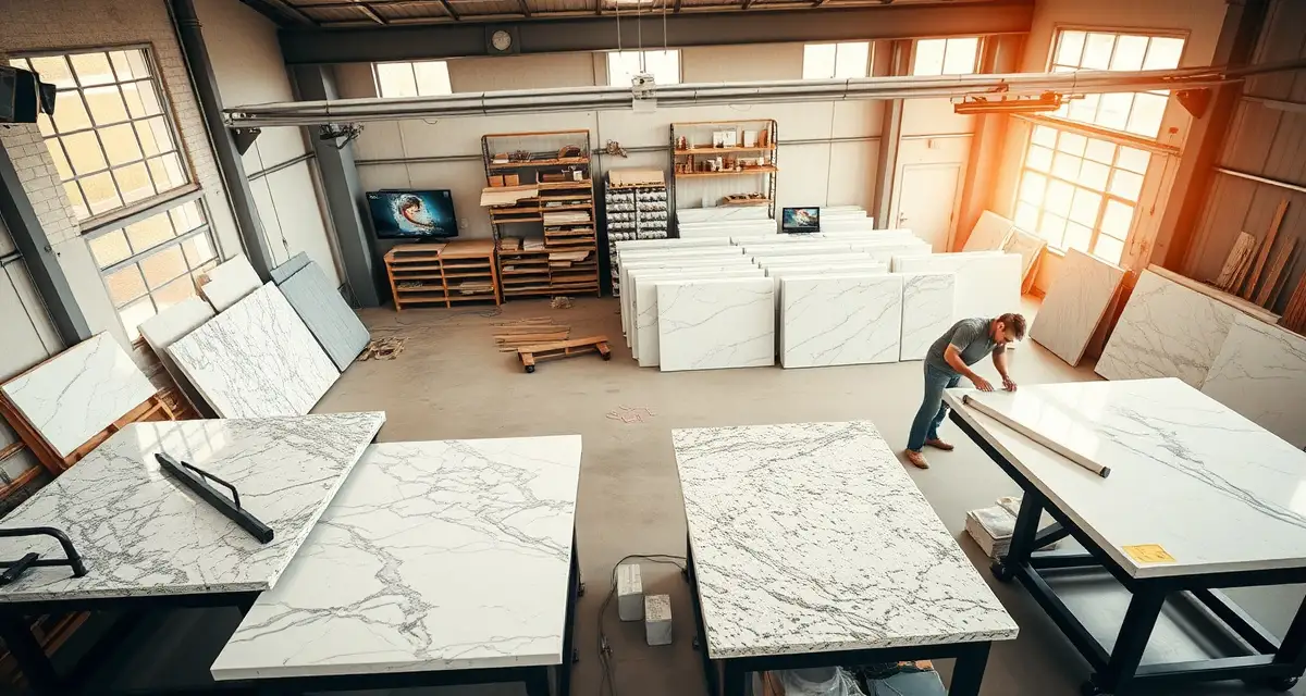 Professional countertop shop operations in Michigan Modern countertop fabrication shop in Michigan with workers fabricating granite and quartz slabs using precision digital tools and templates