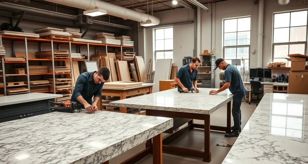 Countertop shop software solution for Milwaukee fabricators Milwaukee countertop fabrication shop with workers processing stone slabs and management software system for job scheduling