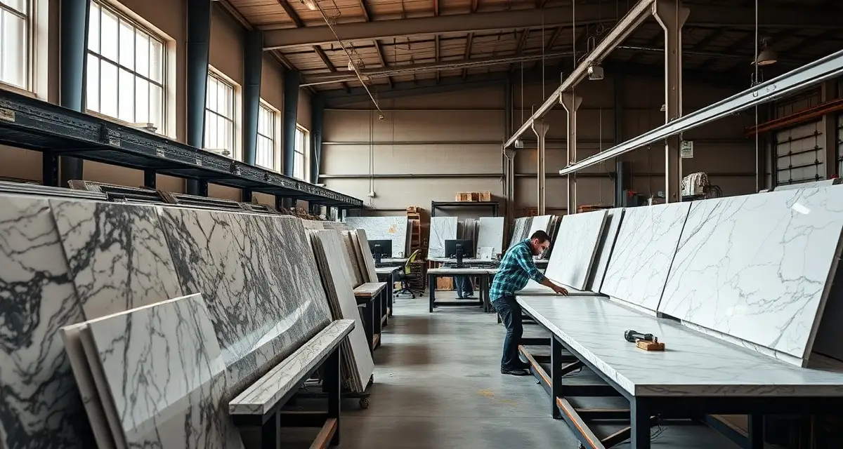 Twin Cities stone fabrication workshop operations Modern countertop fabrication shop in Minneapolis showing organized stone slabs and precision cutting equipment for professional stone countertop production