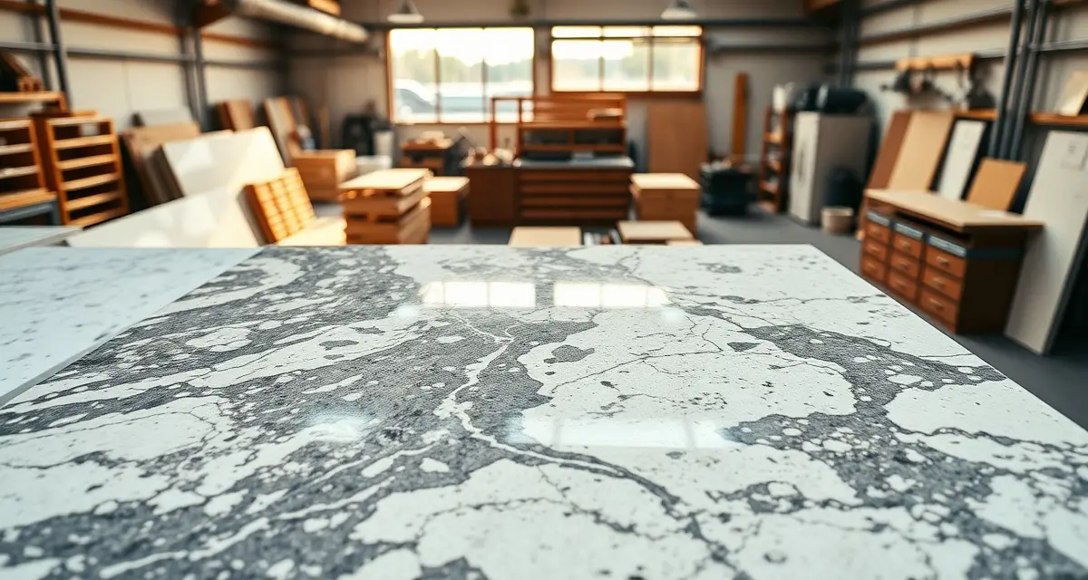 Missouri countertop fabrication market overview Professional countertop fabrication shop in Missouri displaying granite and quartz slabs with modern fabrication equipment