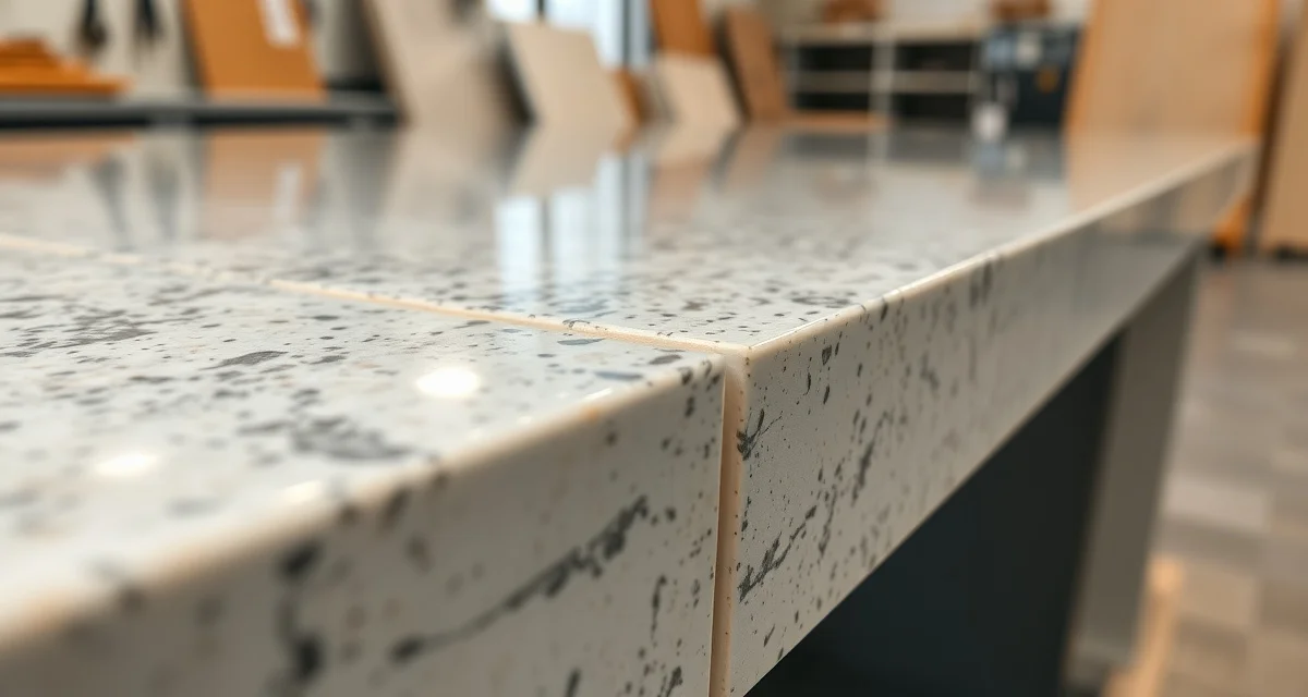Professional mitered stone countertop edge detail Close-up of a mitered edge joint on a stone countertop where two pieces are bonded at 45-degree angles for edge lamination